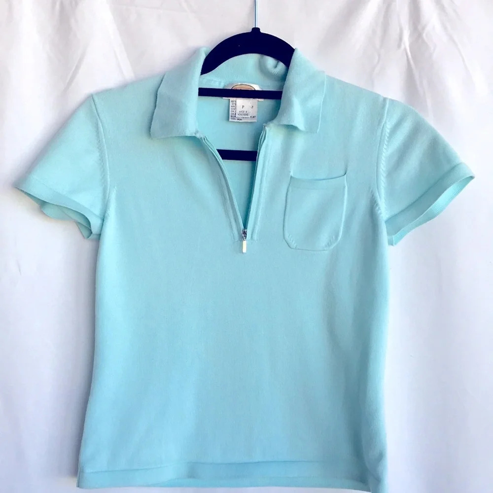 Talbots light blue 1/4 zip short sleeve V-neck top